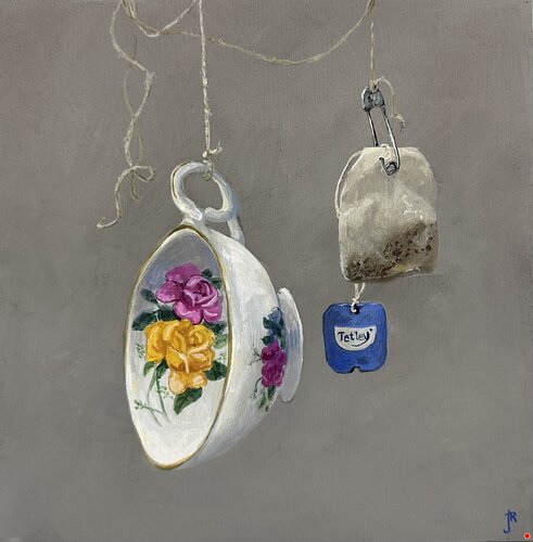 acrylic painting of vintage teacup and teabag