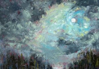abstracted landscape painting with a bold sky and moon