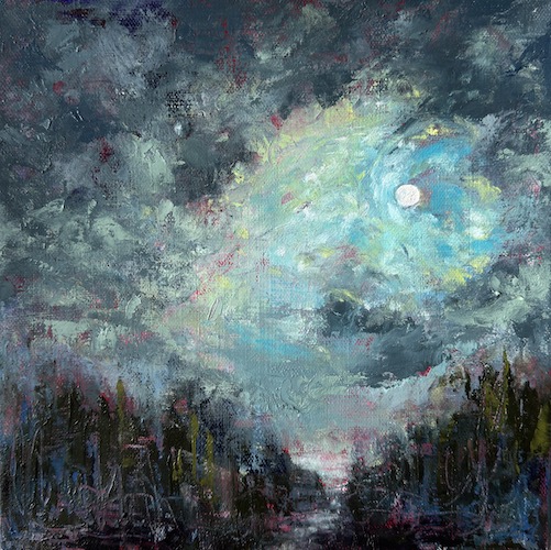 abstracted landscape painting with a bold sky and moon