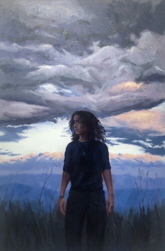 striking oil painting of a figure on a bold sunset background