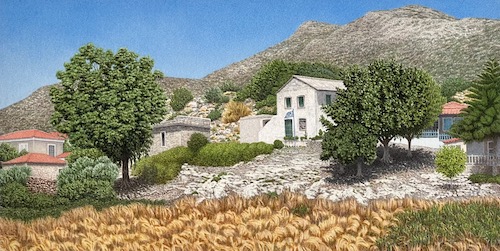 Detailed landscape in watercolor and graphite