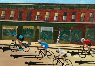 Mixed media collage of a bicycle event through a town by Doug Dale