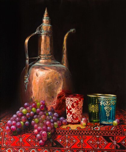 still life oil painting of a copper pitcher and glass