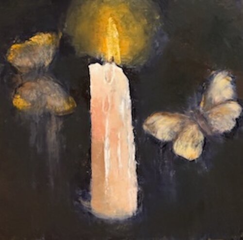 encaustic and oil painting of moths around a lit candle