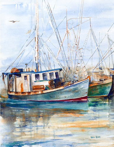 watercolor painting of boats in a harbor