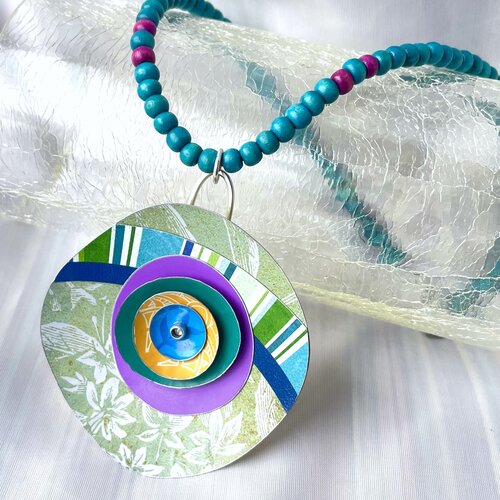 mixed media tin collage necklace