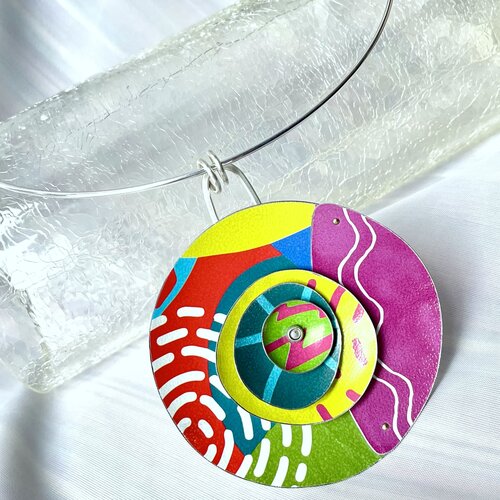 Colorful handmade upcycled tin collage necklace