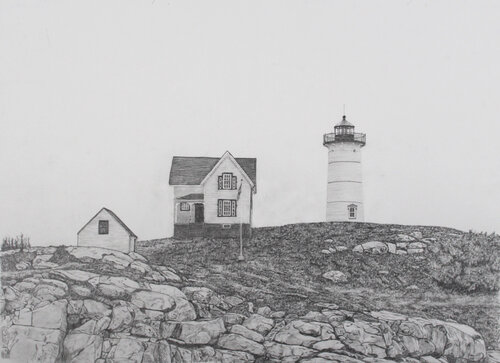 pencil drawing of a landscape with lighthouse