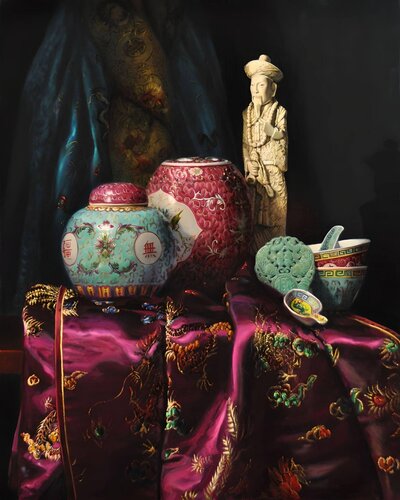 still life painting with china