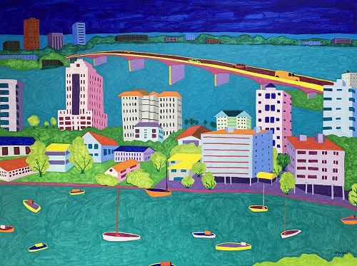 whimsical painting of boats in Sarasota, Florida