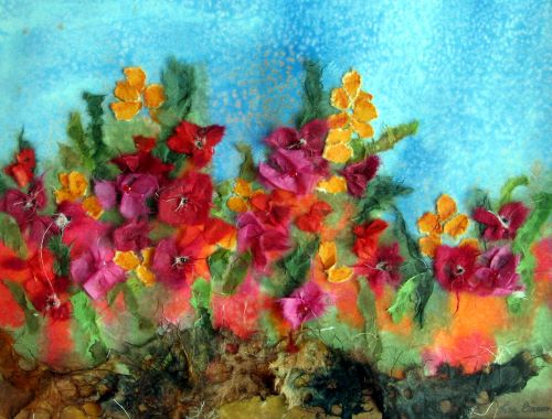 mixed media painting orange and red flowers