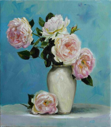 still life oil painting pale pink roses in vase