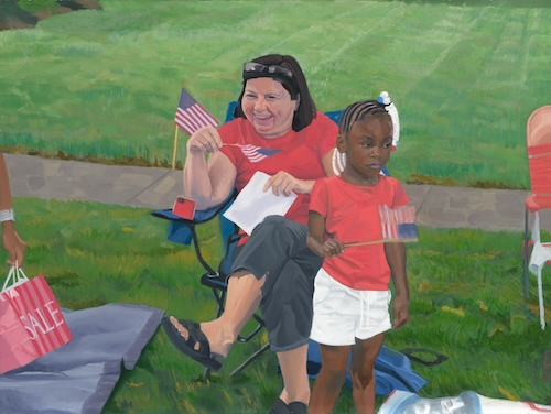 oil painting of a woman and girl at a parade