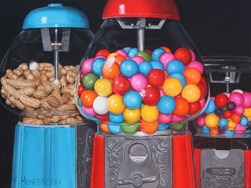 hyperrealistic oil painting of gumball machines