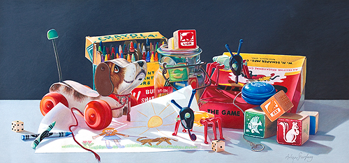 "Playing the Game" Colored Pencil, 28" x 13"by artist Arlene Steinberg. See her portfolio by visiting www.ArtsyShark.com