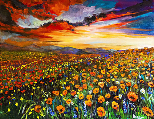 oil painting of a poppy field at sunset