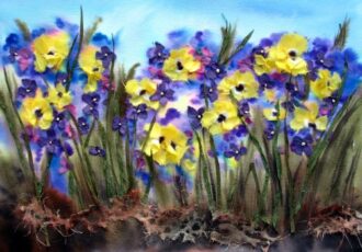 mixed media painting of pansies in a garden