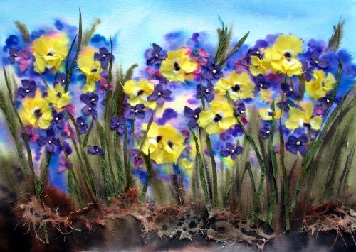 mixed media painting of pansies in a garden