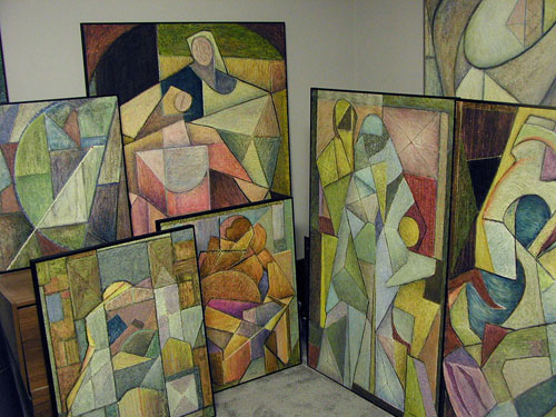 Some of artist Ed Jaffe's paintings ready to hang for a show by artist Ed Jaffe. See his portfolio by visiting www.ArtsyShark.com