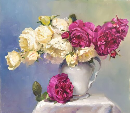 still life painting of roses in a vase