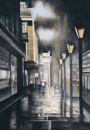 watercolor painting rainy urban night scene