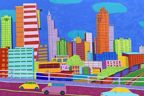 whimsical painting of the city of Raleigh