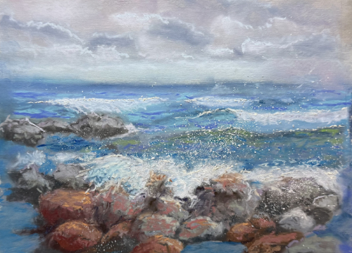 pastel landscape painting of ocean crashing on rocks
