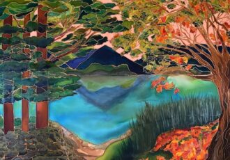silk painting of a forest and lake landscape