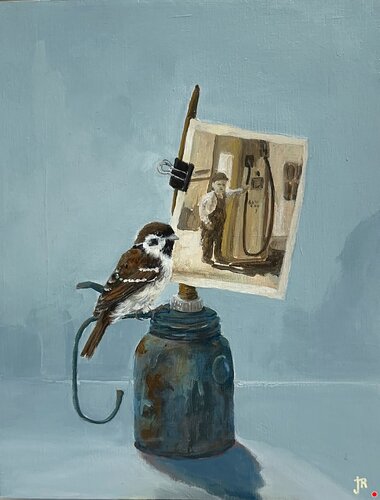 painting of a little bird with vintage still life