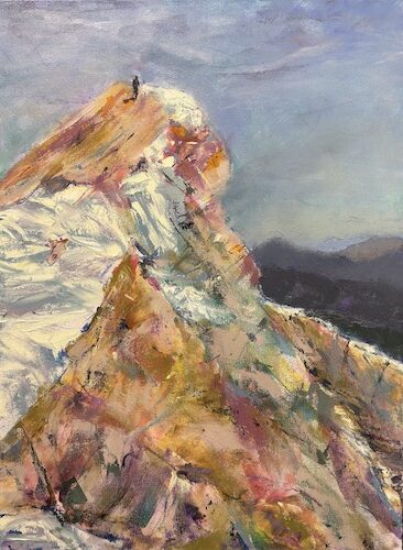 mixed media painting of a rocky mountain top