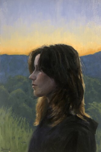 Figurative oil painting of a young woman in the mountains