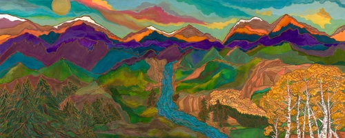 silk painting of a Rocky Mountain landscape
