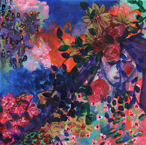 whimsical colorful floral and figurative painting