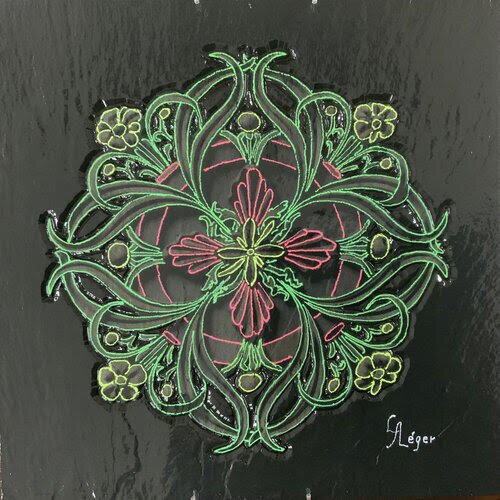 scroll design in color, bas-relief slate