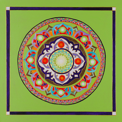 A mandela painting using Swarovski Crystals and paint by Roberta Veatch