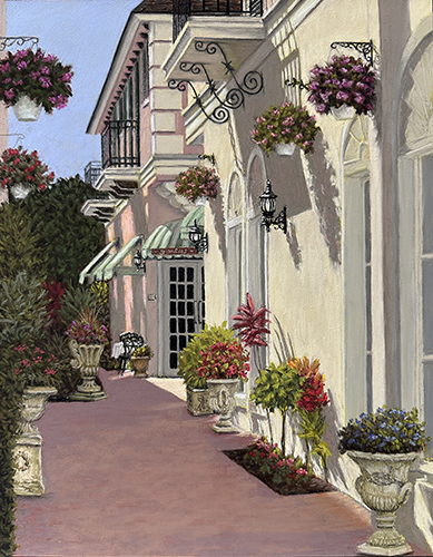 pastel painting of a sidewalk scene in France