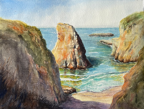 watercolor painting of a serene coastline