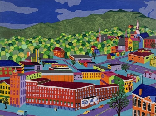boldly colorful painting of Rutland, VT