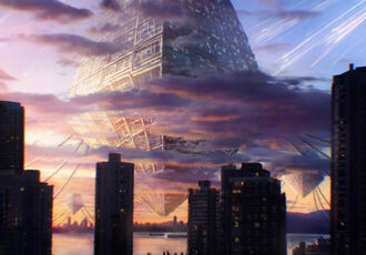 sci-fi digital illustration of a starship over a city