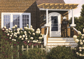 pastel painting of a seaside cottage