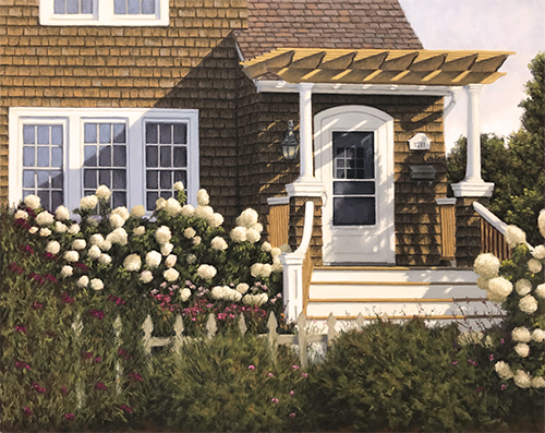 pastel painting of a seaside cottage