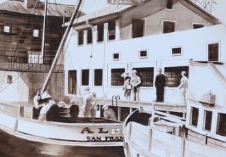 watercolor painting of a busy dock in sepia