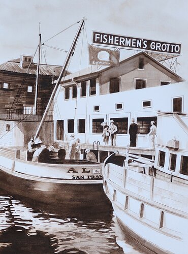 watercolor painting of a busy dock in sepia