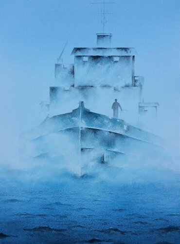 watercolor painting tall ship in the mist