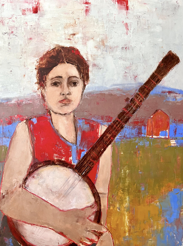 folk art painting of a young woman and banjo