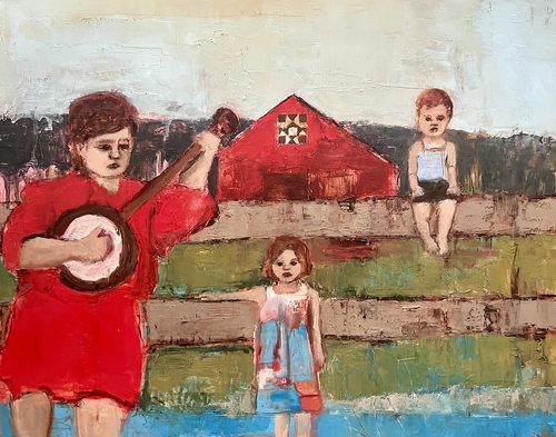 primitive folk art painting of a family and banjo