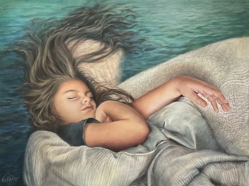color pencil portrait of a young girl falling asleep