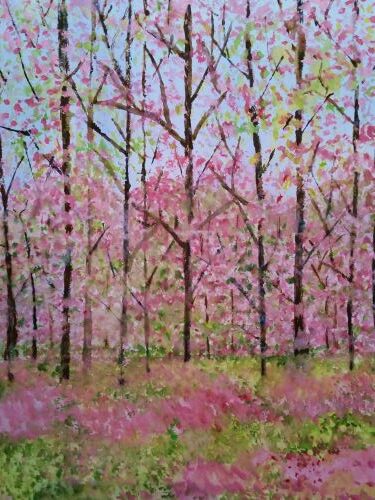 springtime themed painting of flowering trees