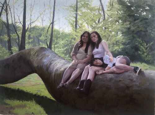 Figurative oil painting of a group of women in the mountains