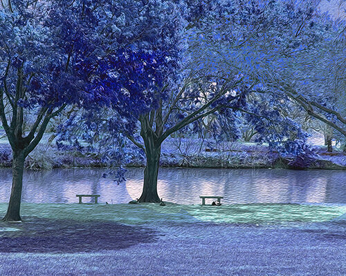 digital art park scene in blue